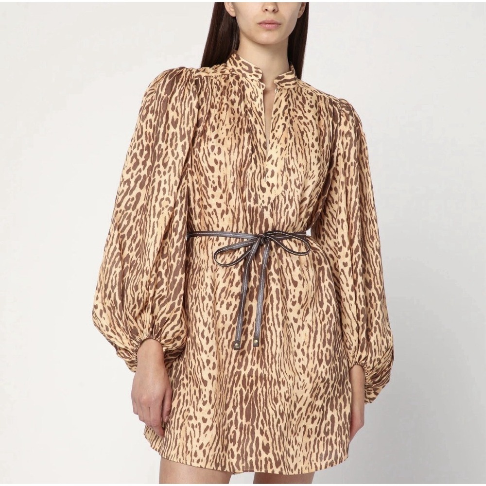 Zimmermann Cascadian Tunic Dress‎ Leopard 100% Linen US 8 Belted Mini Resort NWT